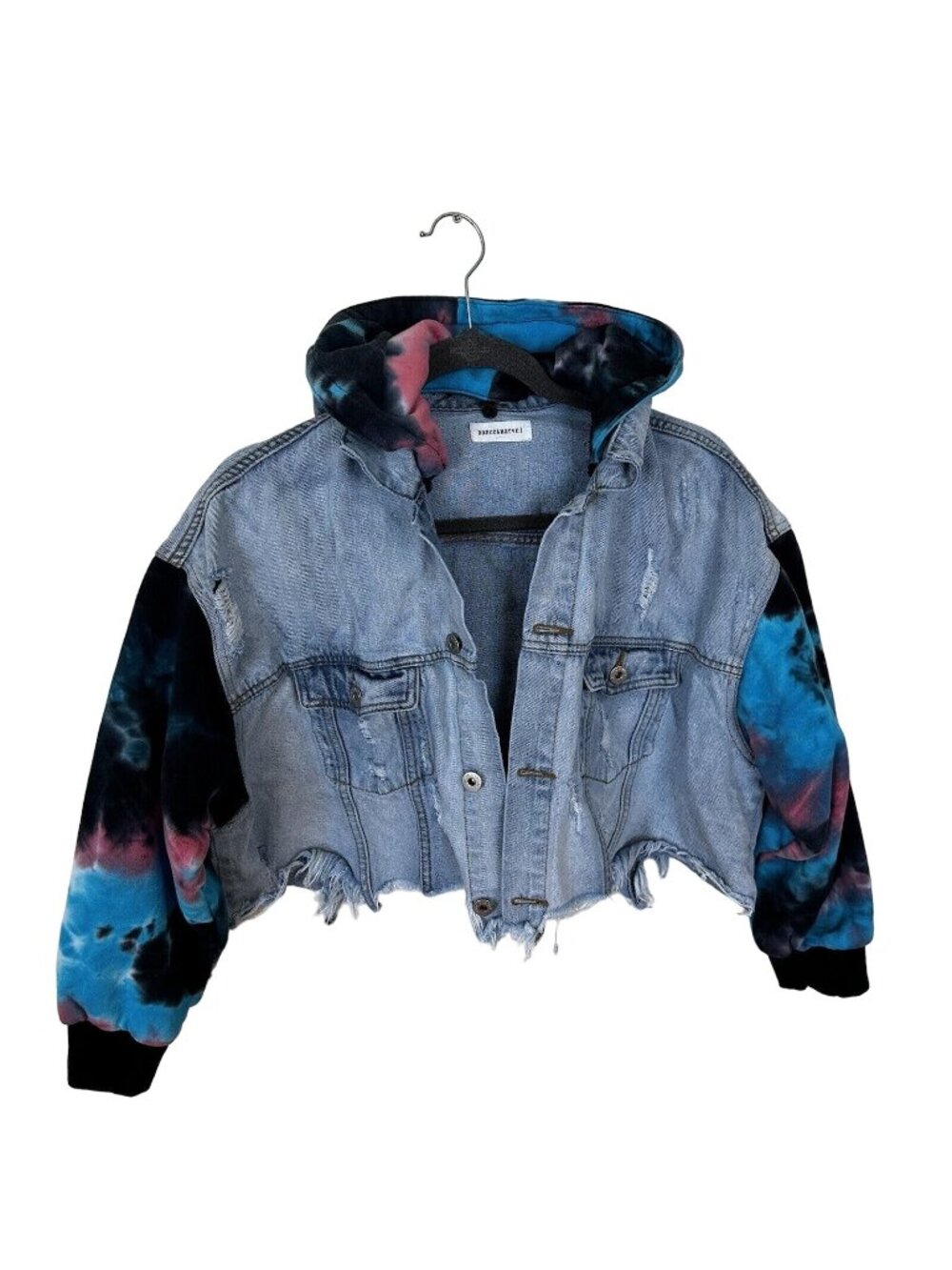 Dance & Marvel Denim Jacket Blue Pink Raw Hem Crop Distressed Small Unisex